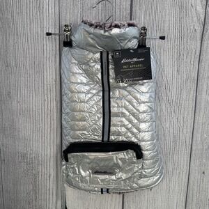 Eddie Bauer Dog Coat Medium Silver Foil Metallic Winter Jacket Quilted Sherpa
